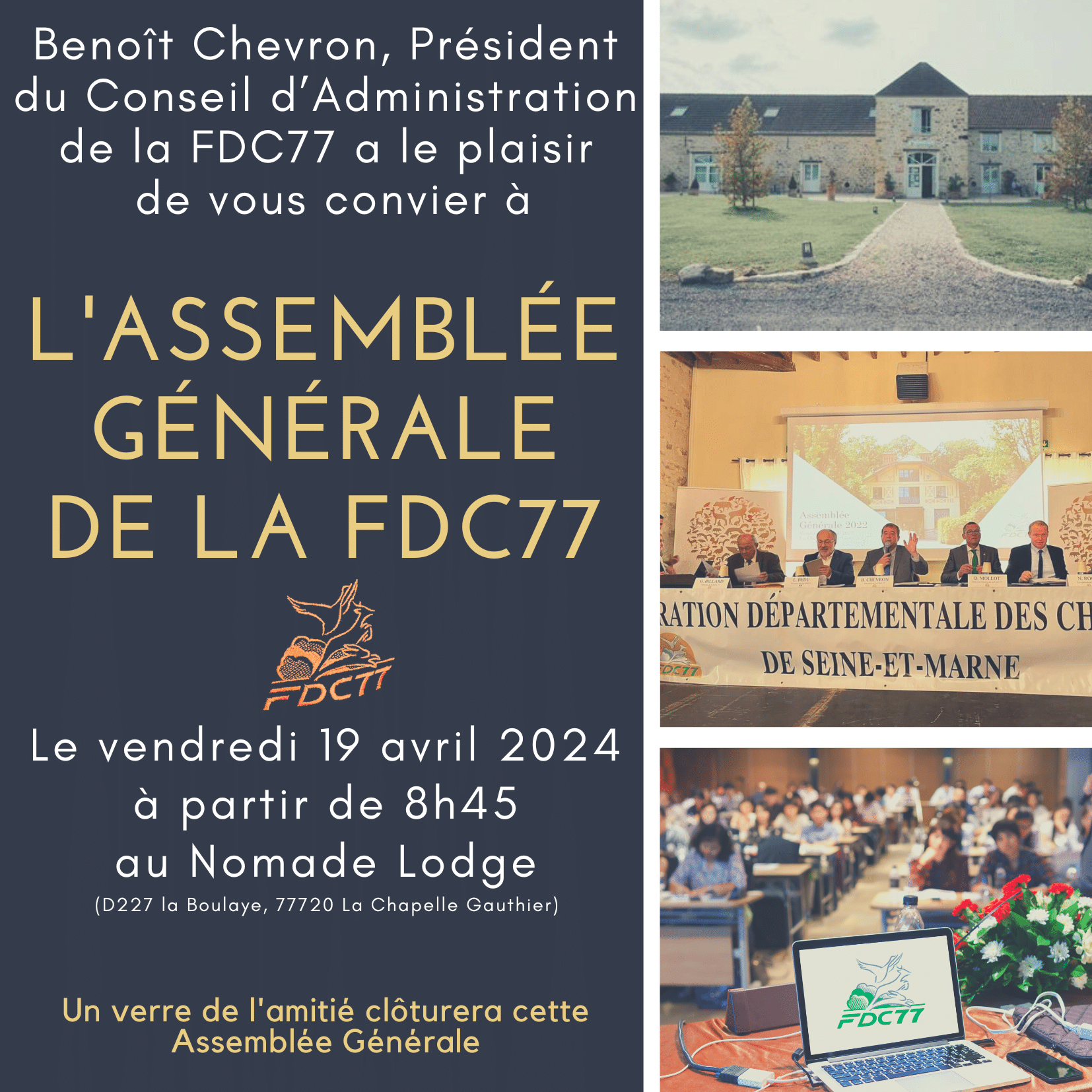 Carton d'invitation pour l'assemblée générale de la FDC77 2024