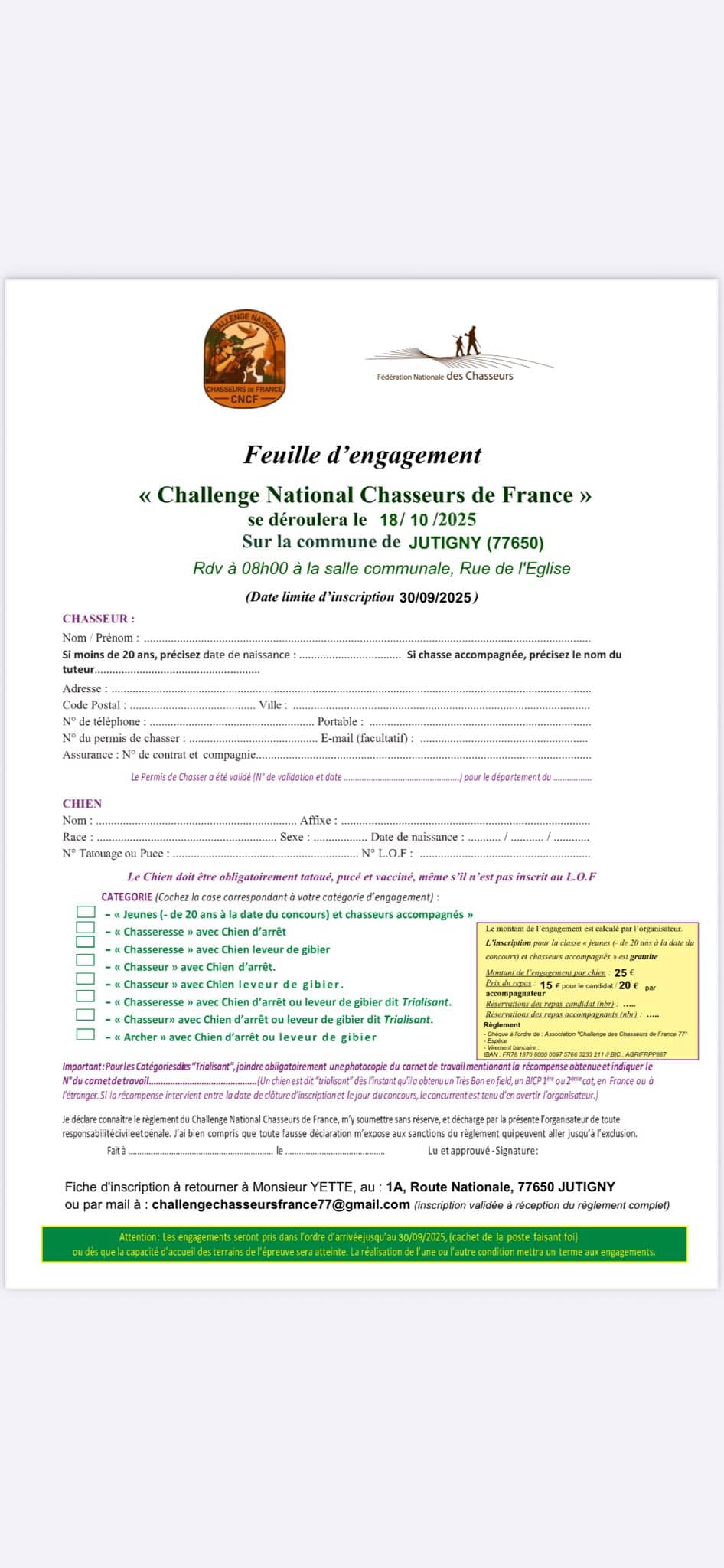 Renseignement pour s'inscrire au challenge des chasseurs de France en Seine-et-Marne