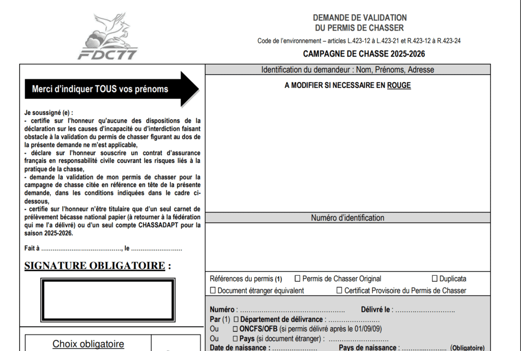 Extrait demande de validation pour la validation du permis de chasser