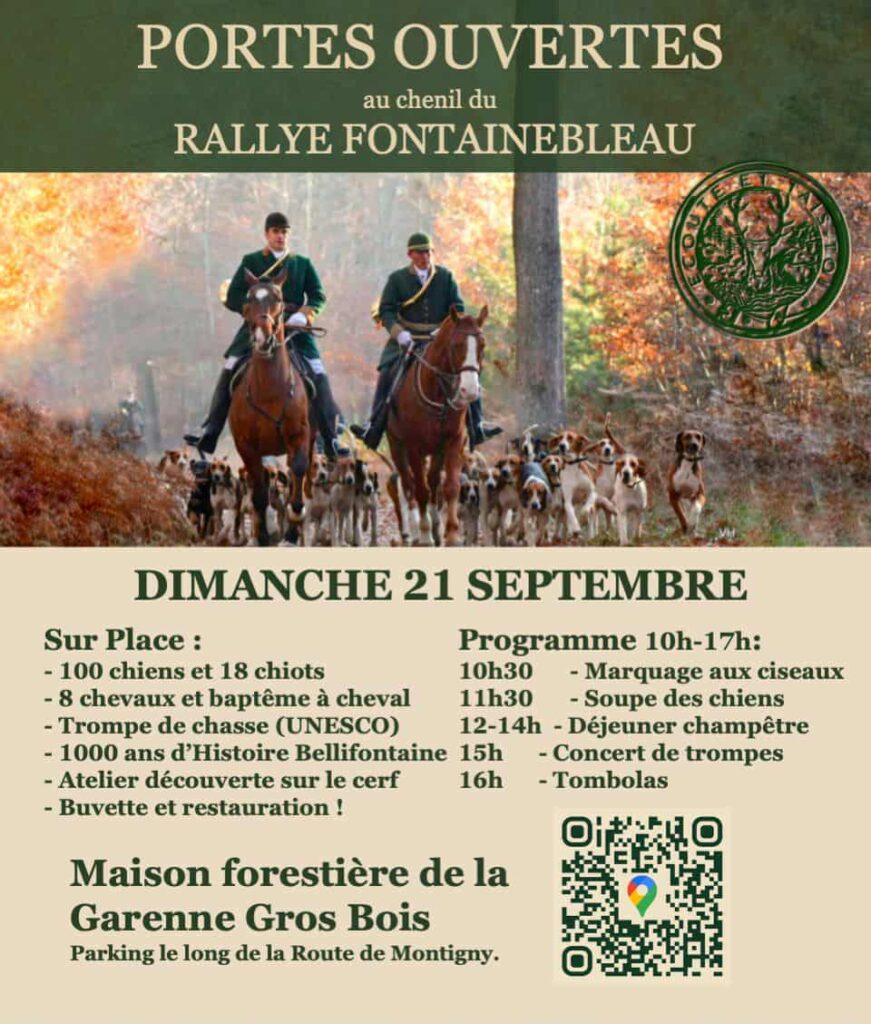 Affiche avec un équipage de chasse à courre chiens, chevaux cavaliers en forêt