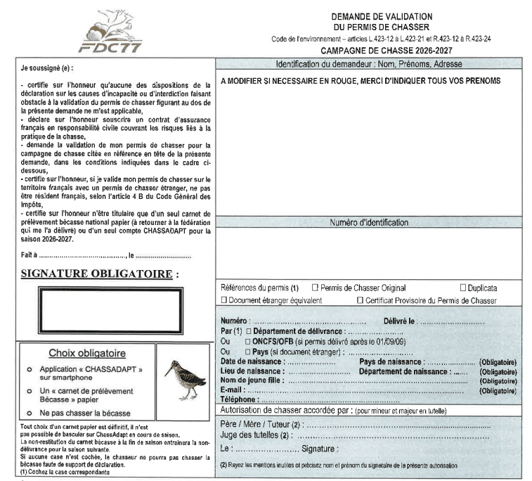 Bon de commande validation permis de chasser Seine-et-Marne77