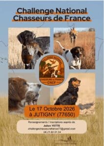 Affiche avec des chiense de chasse pour annoncer le challenge des chasseurs de France 2026 à Jutigny (77)